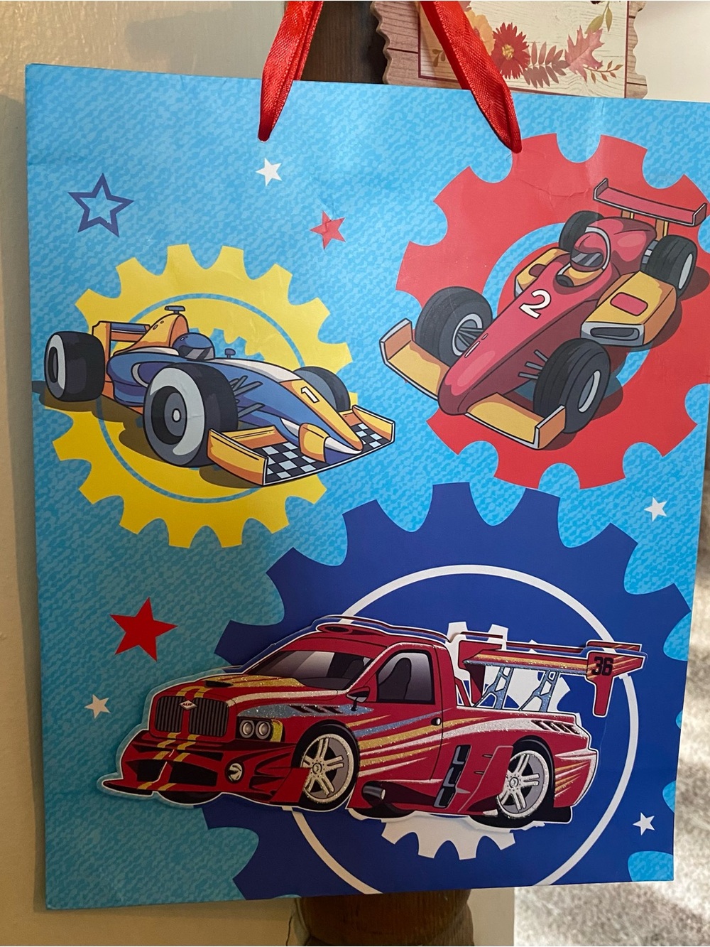 Kids 3-D Racing Cars Gift Bag - Red & Blue